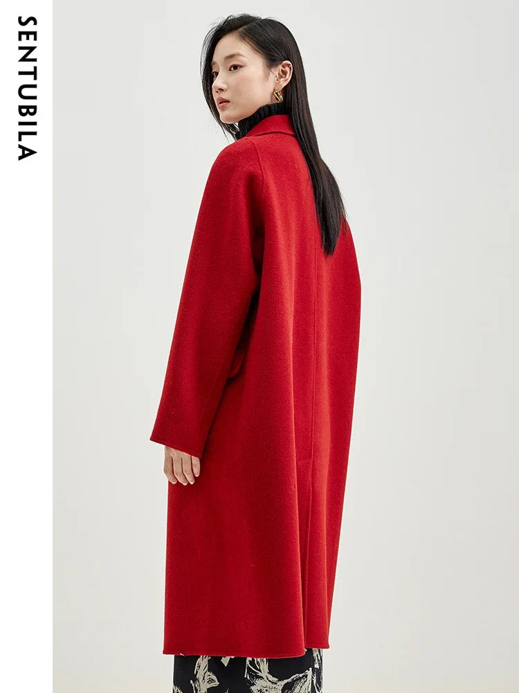 SENTUBILA Double-faced Woolen Long Jacket For Women 2025 Winter 100% Wool Coat Simple Comfortable Warm Lapel Overcoat W34O49911