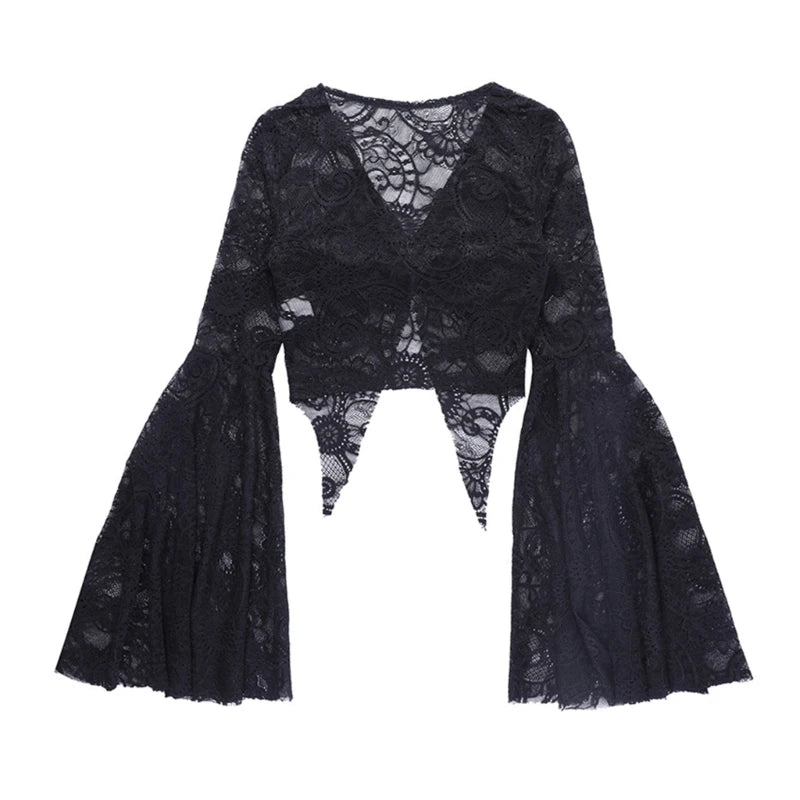 Women's Long Sleeve Crop Tops Blouses Shirt Top Punk Shrugs Cardigan Lace Mesh Crop Top Cosplay Outfits Streetwear