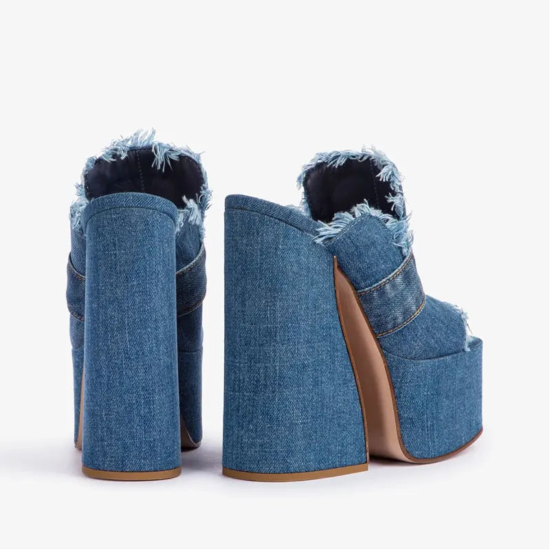 Arden Furtado 2024 Summer Denim Peep toe Square heel Mules Round toe Platform Super high heel Word slippers Large size