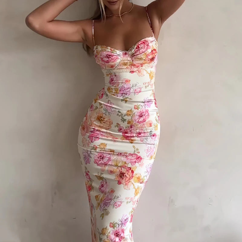 Summer Flower Print Sleeveless Straps Dress Women Sexy V Neck Lace Slim Bodycon Long Dress Spring Hollow Out Night Party Dresses