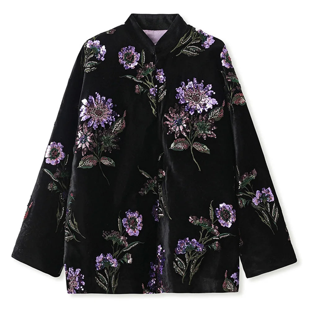 Chinese Embroidery Jacket Women Beautiful Loose Sequins Temperament Jacquard Jacquard Flower Cotton-padded Coat Spring Autumn