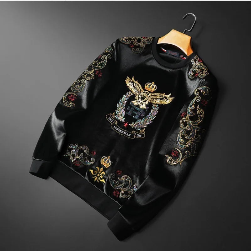 Winter plus velvet men's round neck casual suit fashion high-end embroidery crown eagle padded two-piece set