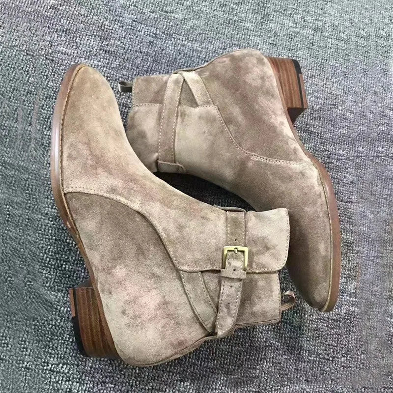 Buckle Men Chelsea Boots Handmade High-quality Cow Suede Khaki Fashion Winter Business Casual Mid-heel Ankle Men Shoes Boots