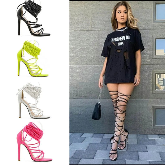 Thin High Heel Sandals for Women's Shoes Lace Up Gladiator Roman Pumps Thin Ribbon Cross Winding Cover Heels Stiletto Sandal