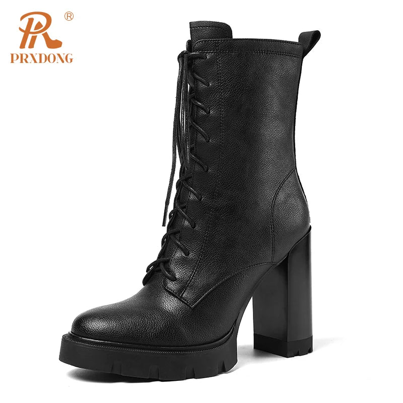 PRXDONG Women's Shoes New Brand Genuine Cow Leather Square High Heels PLatform Shoes Woman Ankle Boots Black Brown Retro Autumn