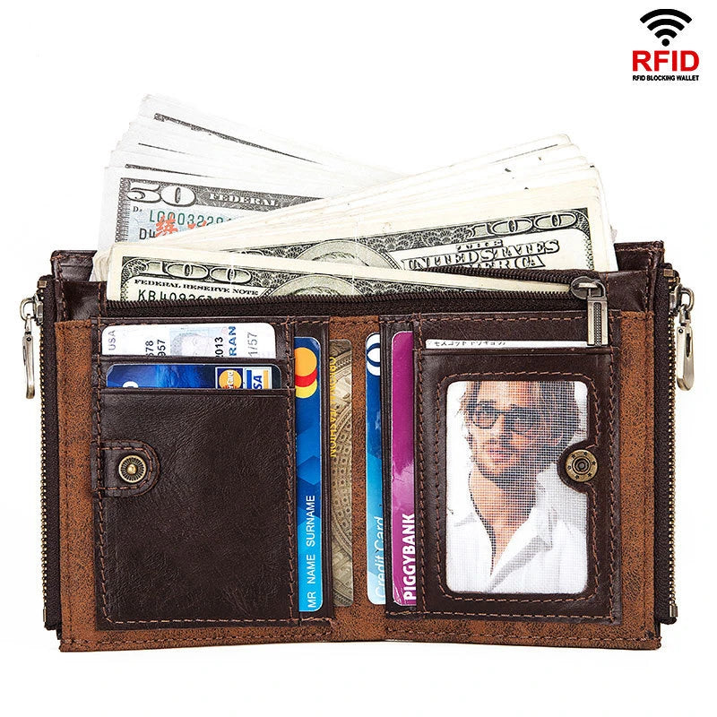 Cowhide Leather Men Short Wallet Zipper Rfid Bifold Coin Purse Credit Card Holder For Male Vintage Chain Clutch Money Bag JYE447