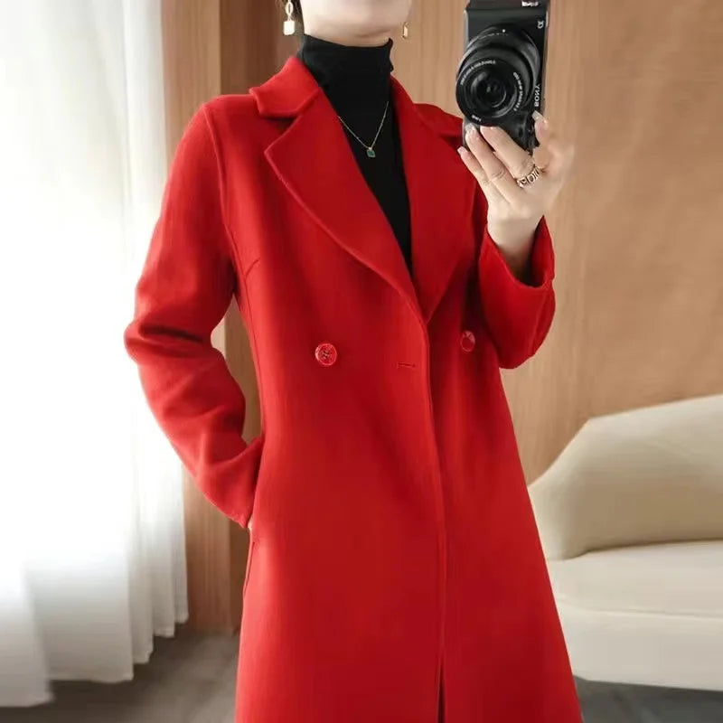 2024 Autumn 100% Double Sided Cashmere Coat Women's Winter New Slim Temperament Wool Coats Solid Casual Female Long Overcoat
