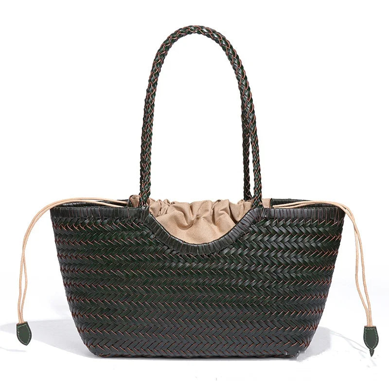Genuine Leather Hand-woven Vintage Tote Bag New Classic Design Cowhide Shoulder Bag Women's Spring Summer French Bucket Bag 2025