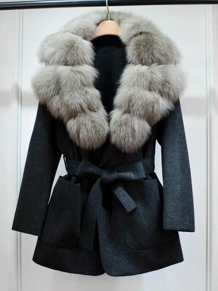 Lagabogy 2025 Large Natural Fox Fur Collar Cuffs Winter Cashmere Wool Blends Women Slim Fit Suit Double Sided Woolen Trench Coat