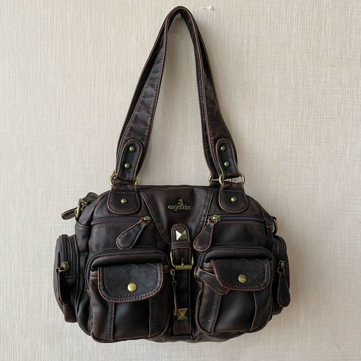 Ladies Handbags Vintage Fashion Tote Bag Women Punk Biker Satchel Top-handle Shoulder Crossbody Bag Multi-pockets Dumpling Pack