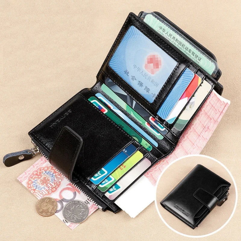 Genuine Leather Wallets for Women Red Money Purses Zipper RFID Short Female Small Card Holder Coin Purse Trifold Bifold Wallet