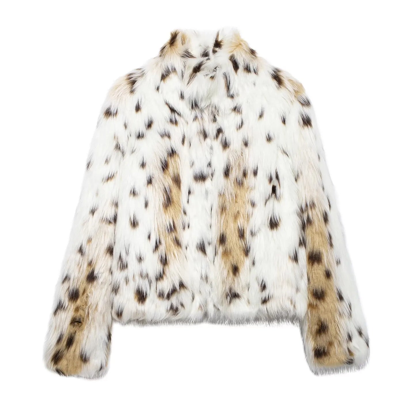 TRAFZA Fashion Women Animal Pattern Fur Short Coat 2024 Casual Loose Turtleneck Long Sleeve Plush Thick Warm Plush Overcoats