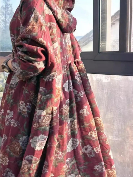 LYUZHE 2025 Spring Autumn New Chinese Style Printed Women Trench Coat Hooded Long Sleeve Retro Mid-length Trench Coat ZXY999B