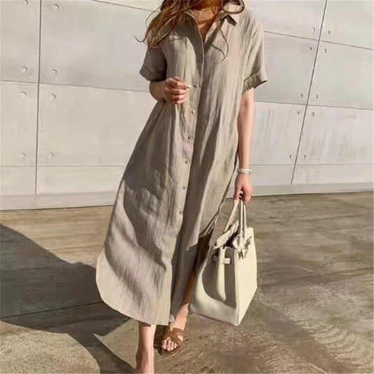 REALEFT 2024 New Summer Linen Women's Shirt Dresses Short Sleeve Single Breasted Korean Lace Up Straight Long Dress Female