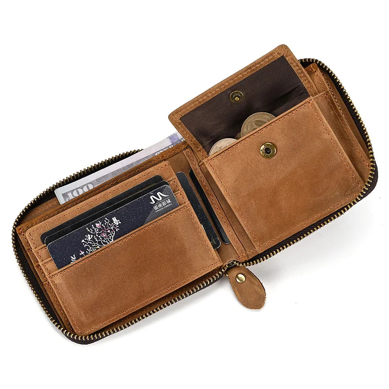 Luufan Genuine Leather Short Wallet Men Women Natural Cowskin Short Purse With Coin Pocket Zipper Around Card Purse Small Wallet