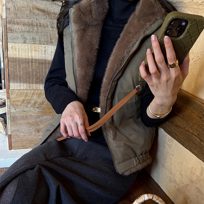 Women Korean Style Mink Fur Reversible Vest Coats Autumn Winter High-end Stand Collar Thick Warm Loose Casual Zipper Waistcoat