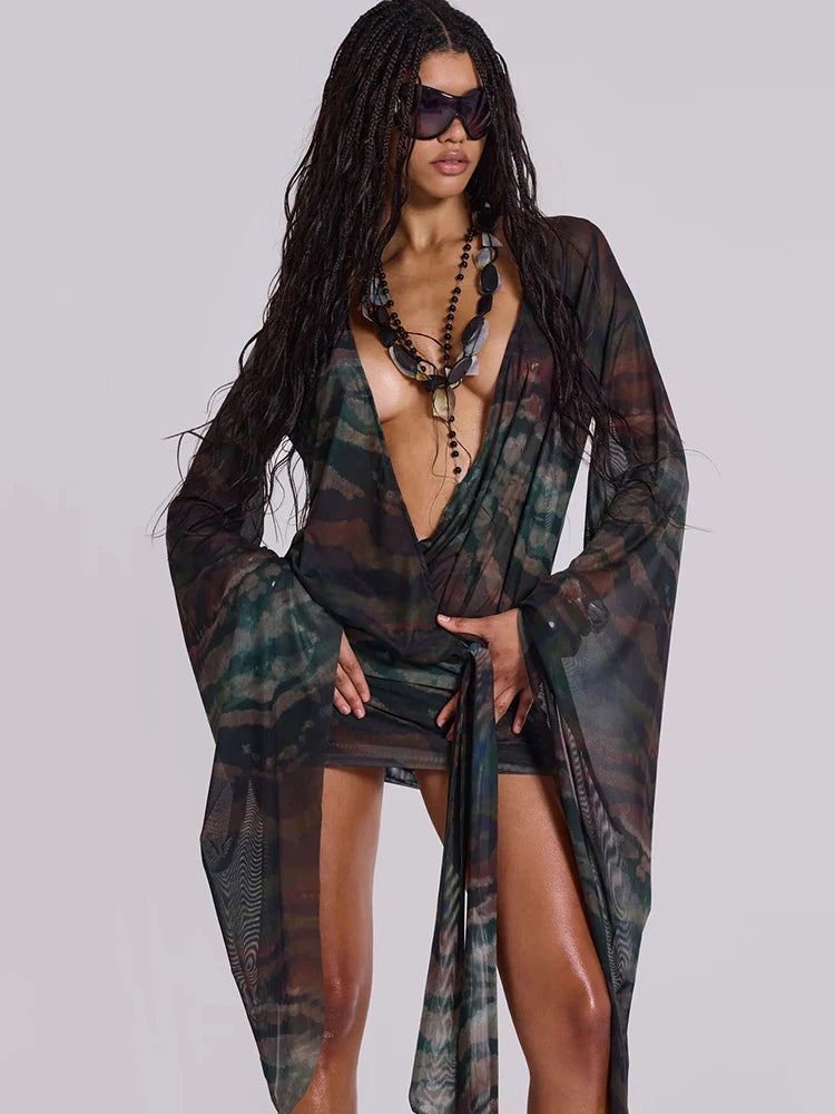 Nibber Sexy See Through Tie-Dye Dress Women Deep V-Neck Lace-Up Backless Loose Full Sleeve Summer Party Coquette Mini Bodycon
