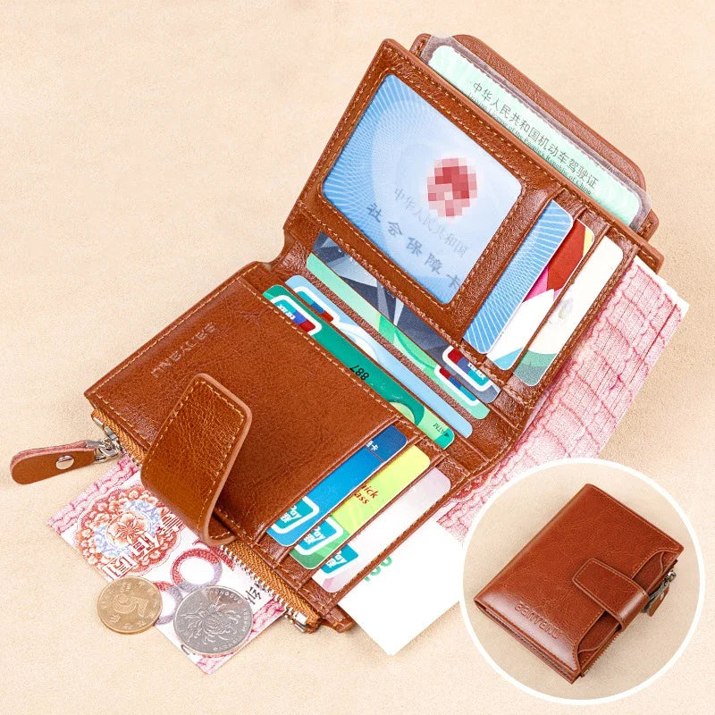 Genuine Leather Wallets for Women Red Money Purses Zipper RFID Short Female Small Card Holder Coin Purse Trifold Bifold Wallet