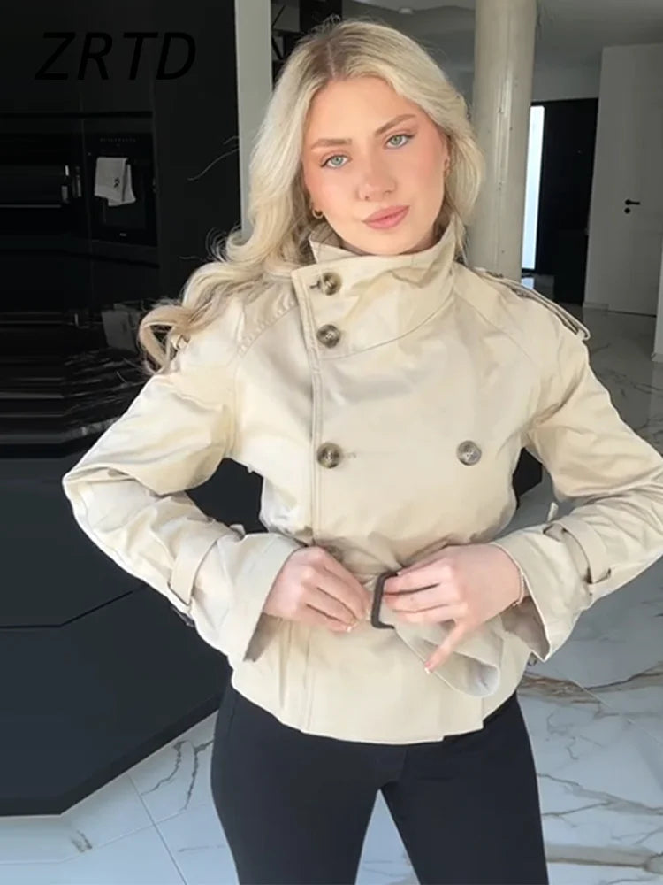Fashion Women's Short Belt Jackets Turtleneck Double Breasted Full Sleeve Female Trench Coats 2025 Autumn Lady Commute Outwear