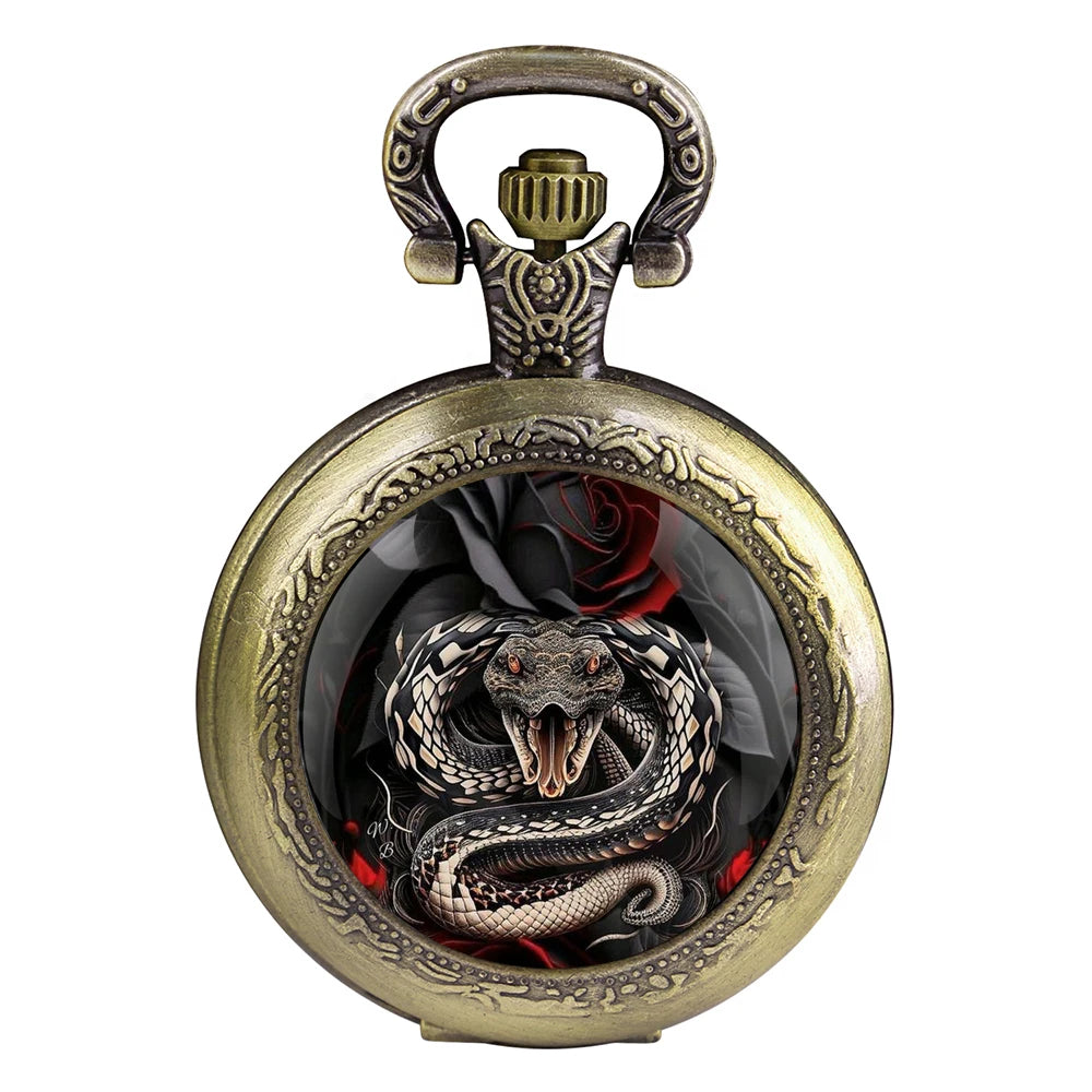 Furious Snake Inspired Design Black Quartz Pocket Watch with Durable Chain Arabic Numeral Time Display for Men and Women Gifts