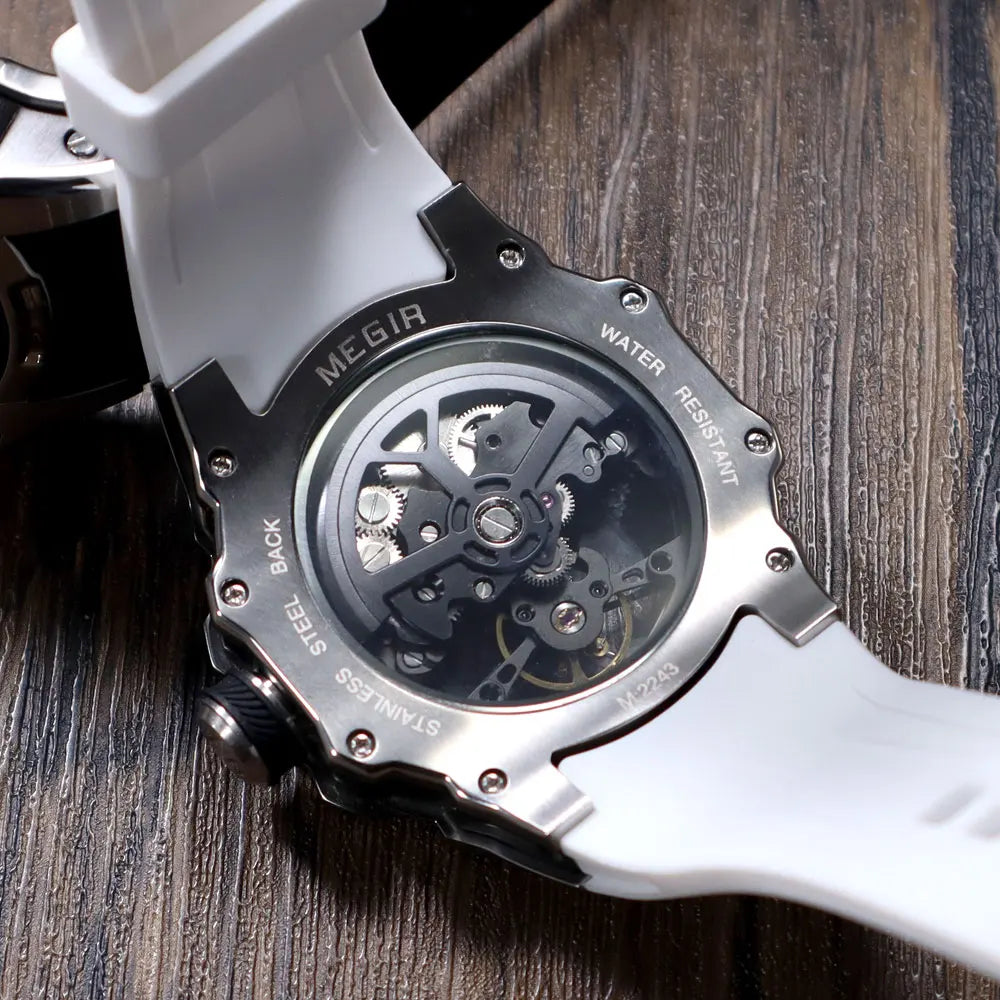 MEGIR Skeleton Dial Automatic Mechanical Watch Men Stainless Steel Case Waterproof Luminous Sport Wristwatch with Silicone Strap