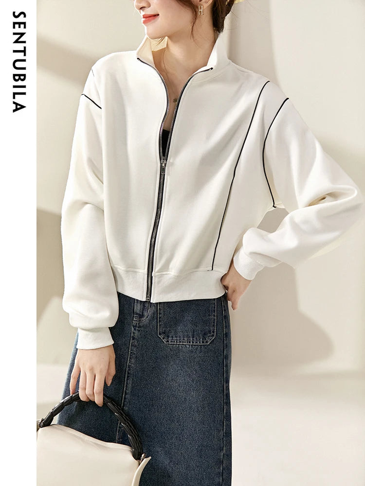 SENTUBILA Casual White Jacket Women Outerwear 2025 Spring Fashion Loose Stand Collar Full Zip Outdoor Short Coats 131W45929