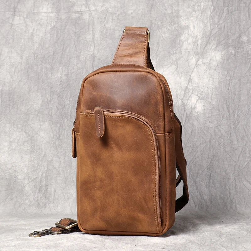 Handmade Genuine Leather Chest Bag Sports Phone Bag Men's Retro Large Capacity Crossbody 7.9 inch Mini ipad Men's Bag Leathfocus