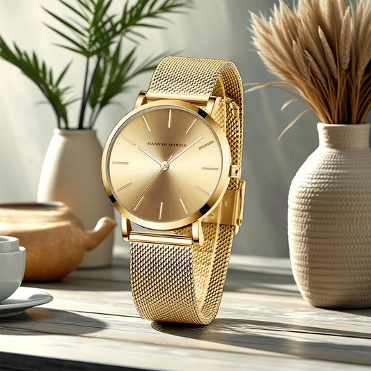 Hannah Martin Original Women Watch With Japanese Imported Movement Fashionable Simple Style Stainless Steel Mesh Rose Wristwatch