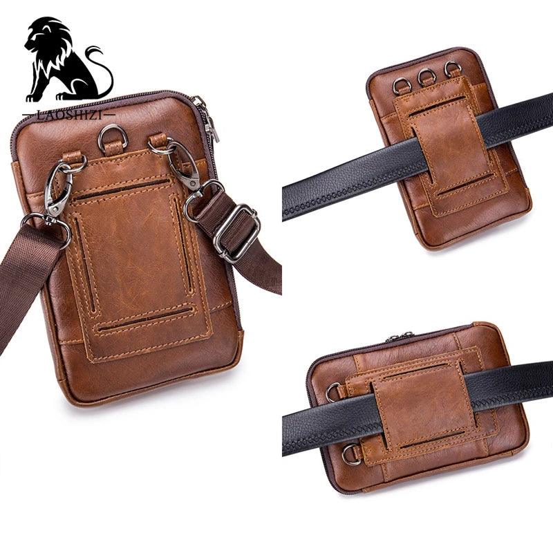 LAOSHIZI Genuine Leather Men Shoulder Crossbody Bags Small Handbags For Male Waist Pack Messenger Flap Phone Clutch Purse JYN005
