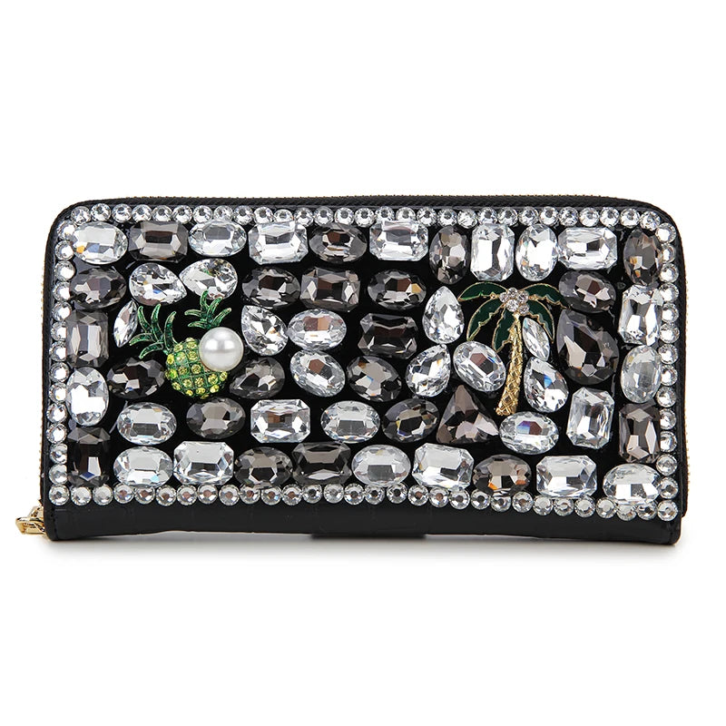 Luxury Diamond Women Long Purse Card Holder Coinetter Color Crystal Red Lip Pearl Wallet Pu Leather Zipper Around Wallet  Female