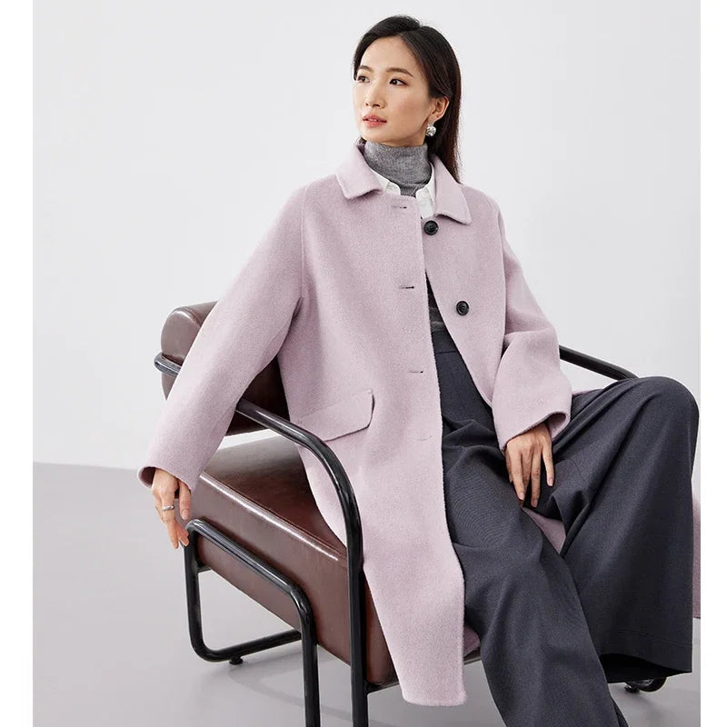 SENTUBILA Double-faced Woolen Long Jacket For Women 2025 Winter 100% Wool Coat Simple Comfortable Warm Lapel Overcoat W34O49911