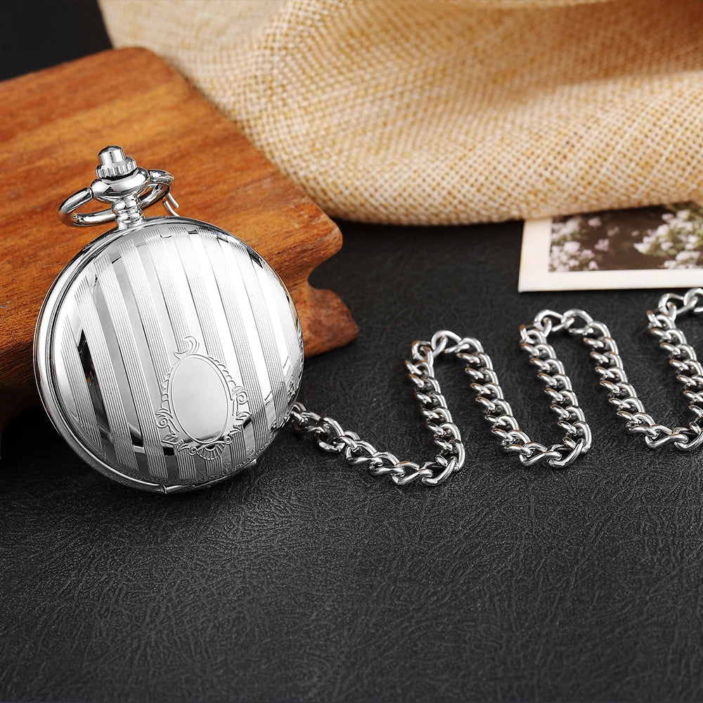 Retro Mechanical Pocket Watch Red Cross Hand-winding Silver Edelweiss Sculpture Hollow Vintage Skeleton Watches Men FOB Chain