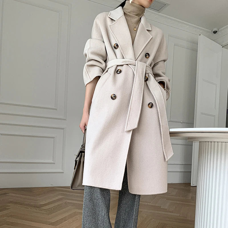 High Quality Double Sided 100%Wool Coat Women Long Double Breasted Elegant Loose Cashmere Winter Jacket