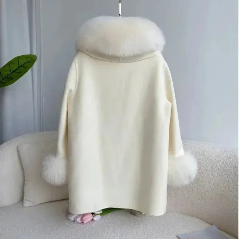 2023 Cashmere Wool Blends Coat Winter Autumn Women Jacket Real Fox Fur Collar Loose Thick Warm Outerwear Streetwear