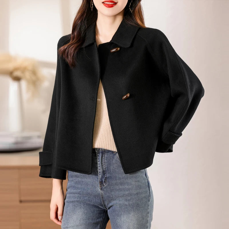 100% Merino Pure Wool Handmade Double-Sided Cloth Chic Coat Women's Short Oxhorn Button Heavy Coat High Street Elegant Top