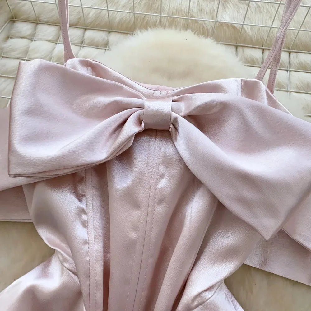 Elegant Sleeveless Vintage Butterfly Bow Sexy Off Shoulder Satin Slim A-line Straps Dresses Birthday Party High Street Clothing