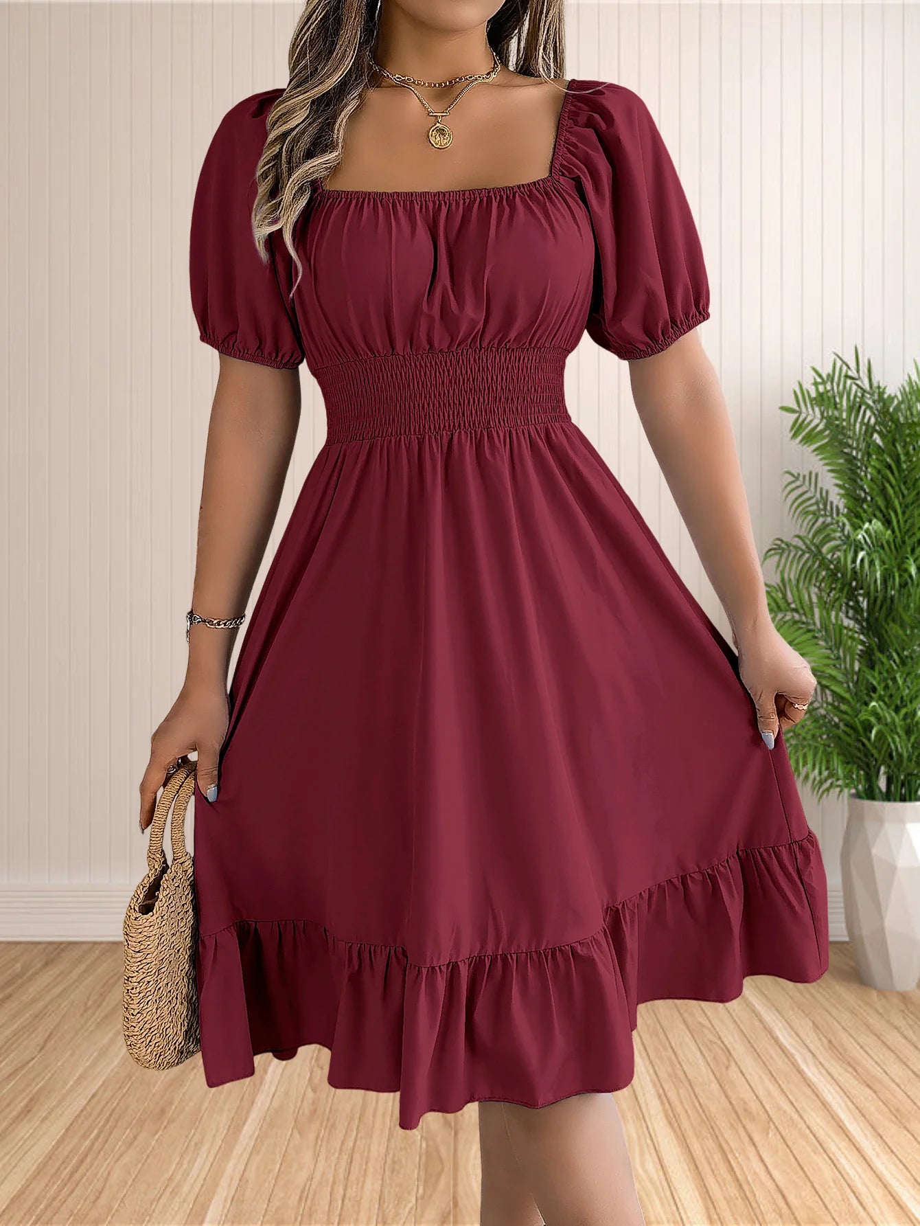 Women's Boho Square Neck Puff Short Sleeve Self Tie Front A Line Dress