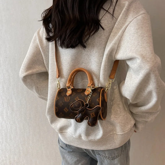 New PU Print Crossbody Bag Square Shape Solid Color Fashion Shoulder Bag with Pendnat Handbag