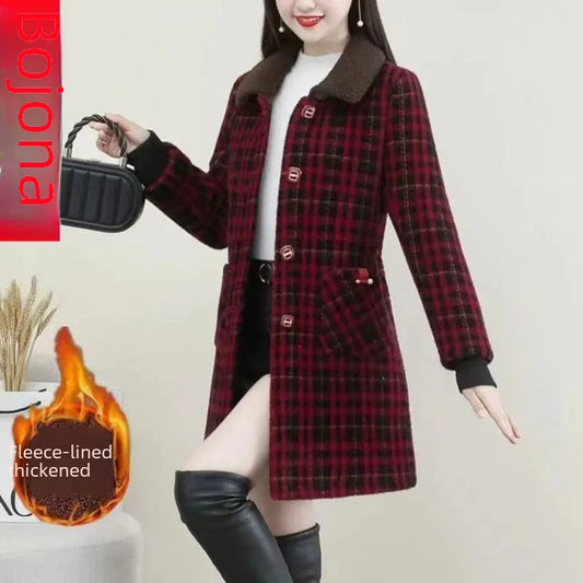 Elegant Fashionable Stylish High-end Medium-length Jacket Integrated Fleece Thickened Overcoat Women's Square Collar Wool Blends