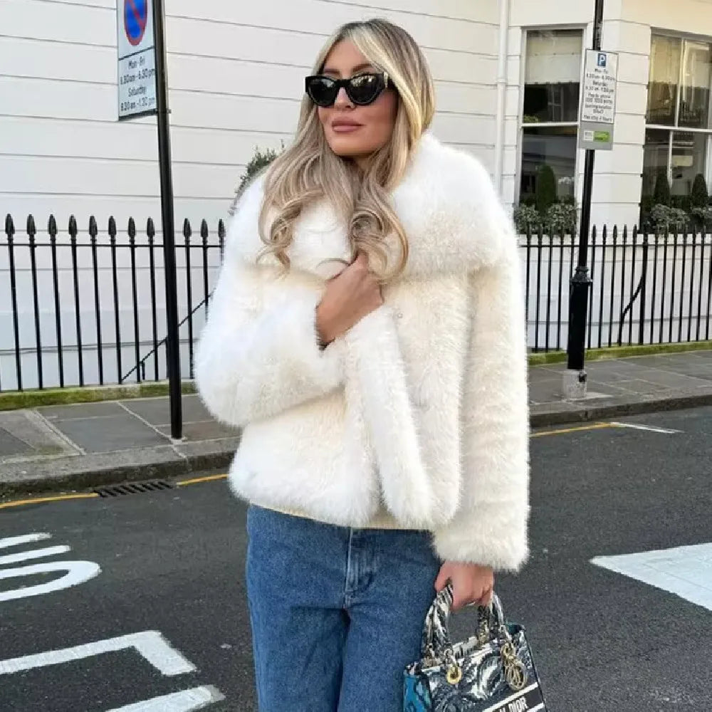BSK&TRAF Women's 2025 New Large Lapel Thickened Coat Artificial Fur Effect Temperament Elegant Warm Jacket