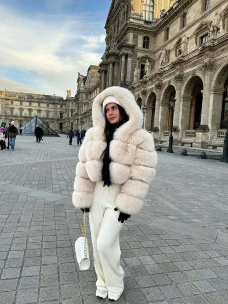 Fashion Warm Faux Fur Thicken Coat For Women Vintage Long Sleeve Hooded Short Female Jackets Autumn Winter Chci Lady Streetwear