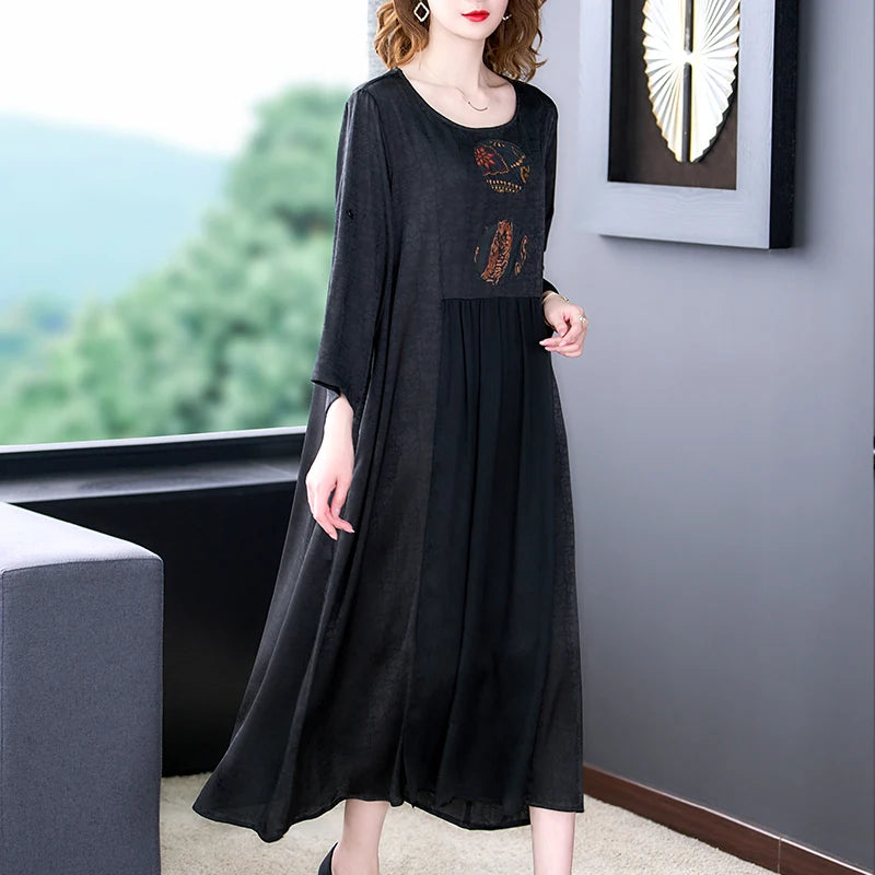 Women Black Print Natural Silk Maxi Dress Spring Summer Elegant Loose Waist Dress 2024 Korean Vintage Hepburn Evening Dresses