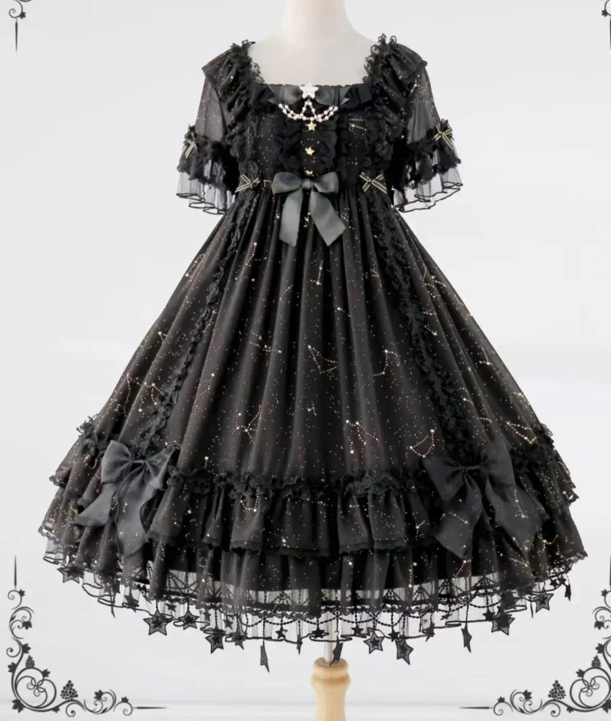 NONSAR Gothic Square Collar Ruffles Lace Black Dress Women Sweet Short Sleeved OP Dresses Summer Daily Goth Lolita Y2K Dress