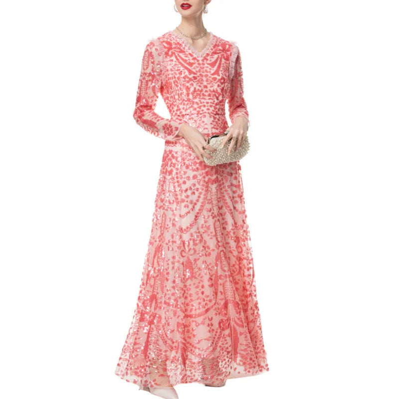 QMQA Fashion Women's Luxury Sequin Dress V-neck Long Sleeved High Waist Slimming Elegant Banquet Evening Dresses 2025 New QM167
