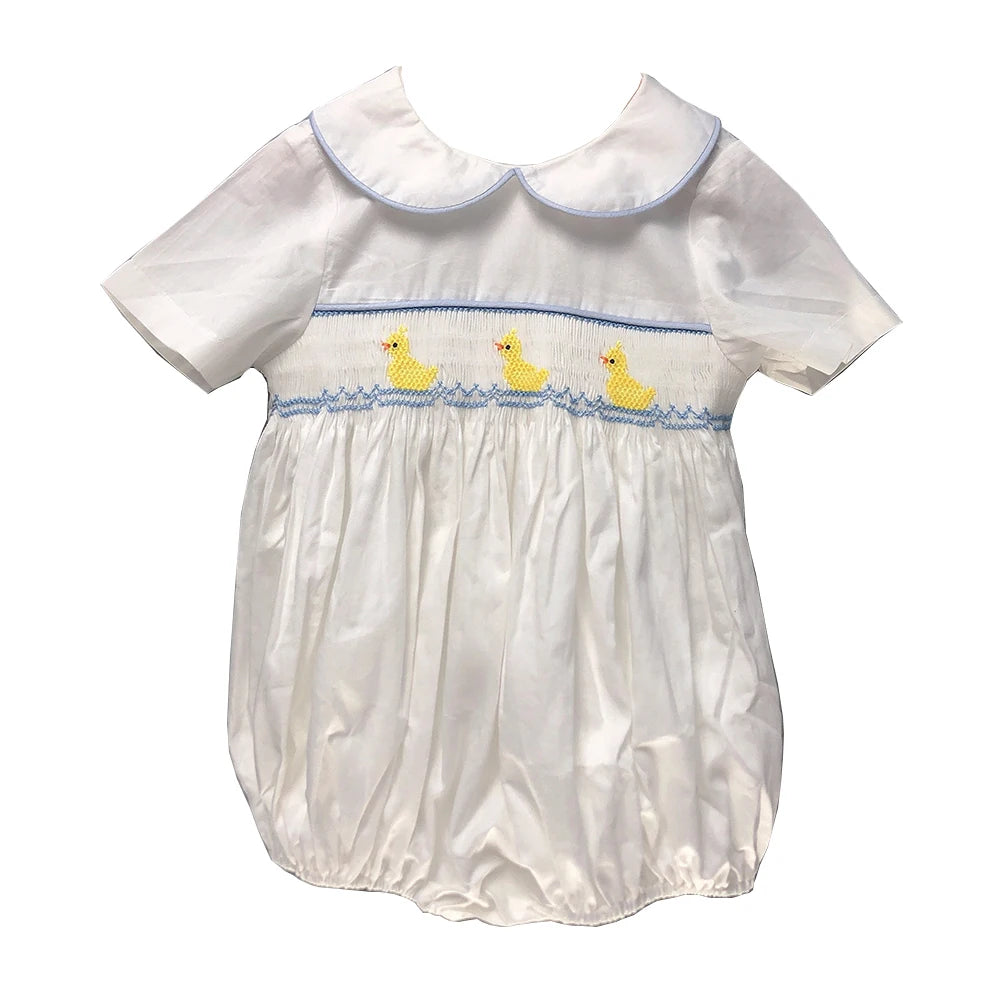 Children Boutique Clothing Summer BABI Boy Girl Handmade Smocked Cute Duck Embroidered Bubble Cotton Short Sleeves Christening