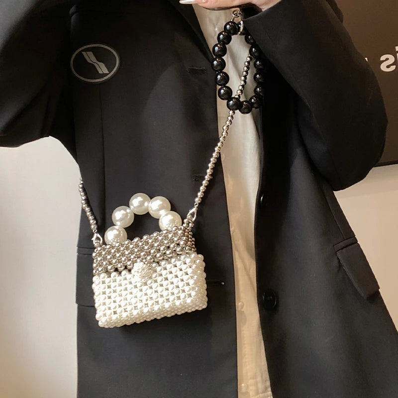 Pearl Clutch Bag Beading Handmade Woven Handbag Femme 2024 Luxury Wedding Purse High Quality PVC Crossbody Lady Box Lipstick Bag