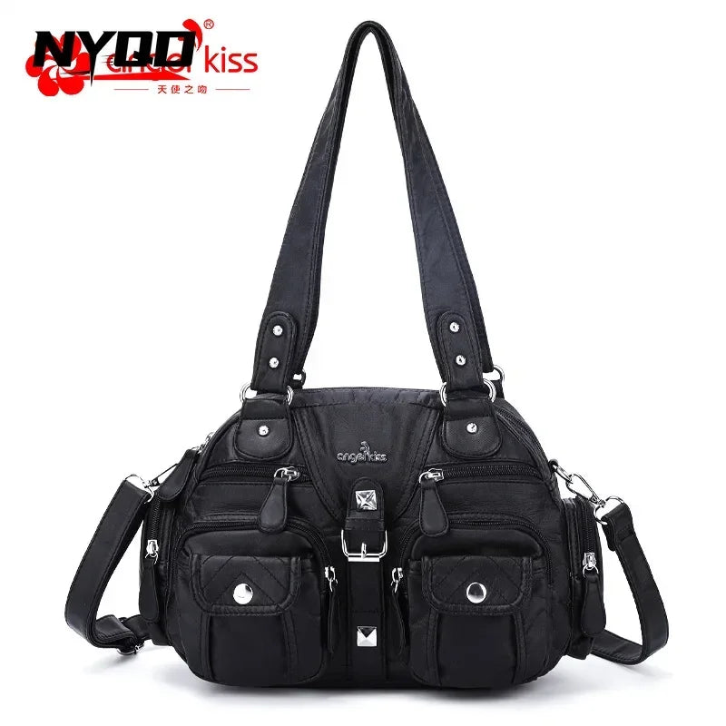 Ladies Handbags Vintage Fashion Tote Bag Women Punk Biker Satchel Top-handle Shoulder Crossbody Bag Multi-pockets Dumpling Pack