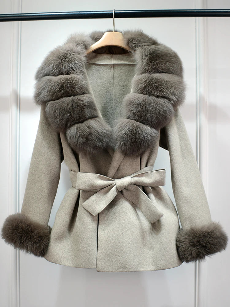 2025 Fashion Winter Real Fox Fur Collar Cuff Cashmere Wool Coat Women Suit Collar Warm Loose Mid Length Belted Wool Coat Blends
