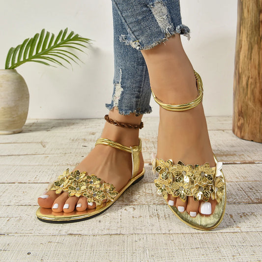 Fashion Women Sandals Summer New Style Gold Narrow Strap Ladies Flip Flops 2025outdoor Comfortable Walking Flat Shoes Large Size
