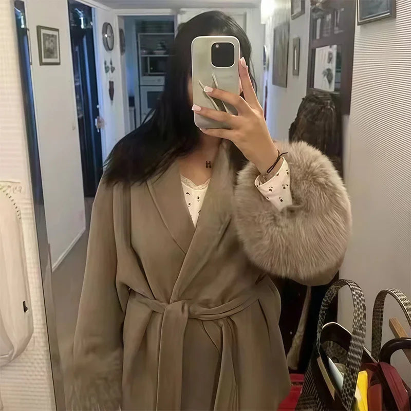 Elegant Lace Up Fur Patchwork Coat Women Loose Solid Long Sleeve V-neck Open Stitch Coats Female 2025 Autumn Fashion Lady Jacket